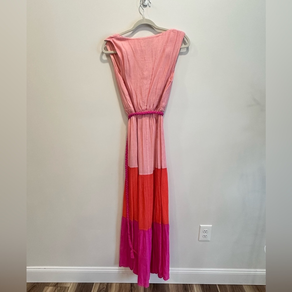 Flying Tomato Pink Orange Colorblock V neck Maxi Dress with Belt Medium NWT - Picture 3 of 10